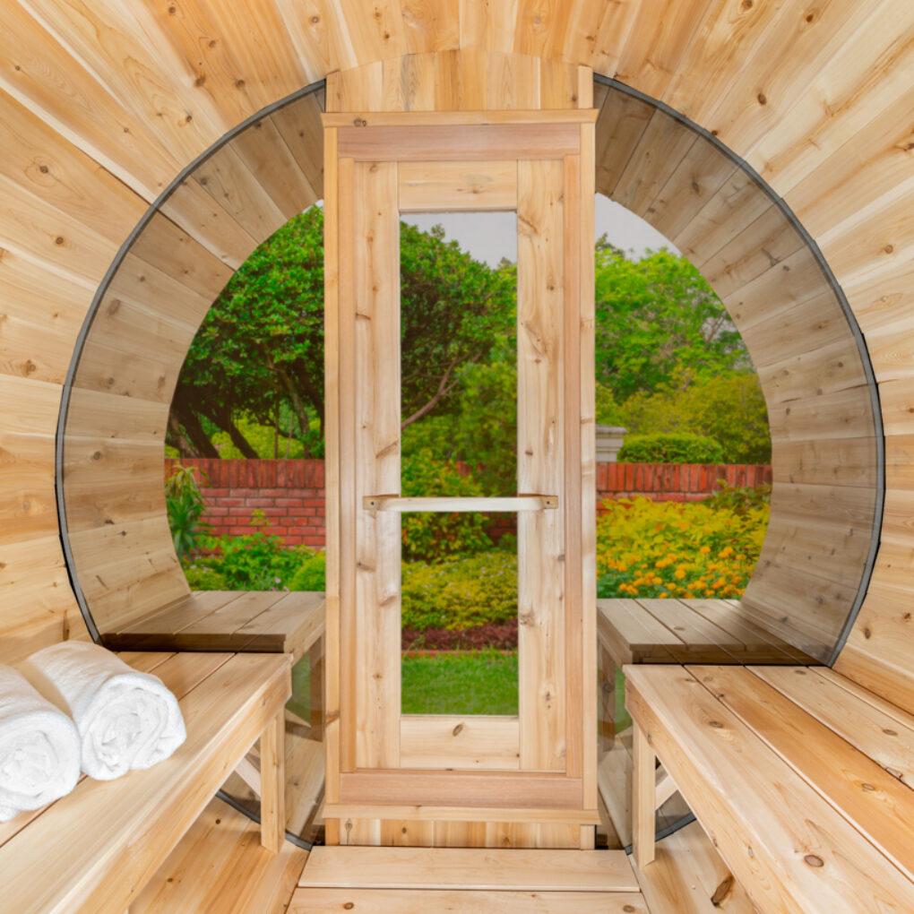 Large front windows on sauna