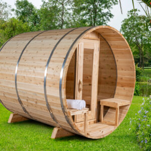 Beautiful big windows in this barrel sauna